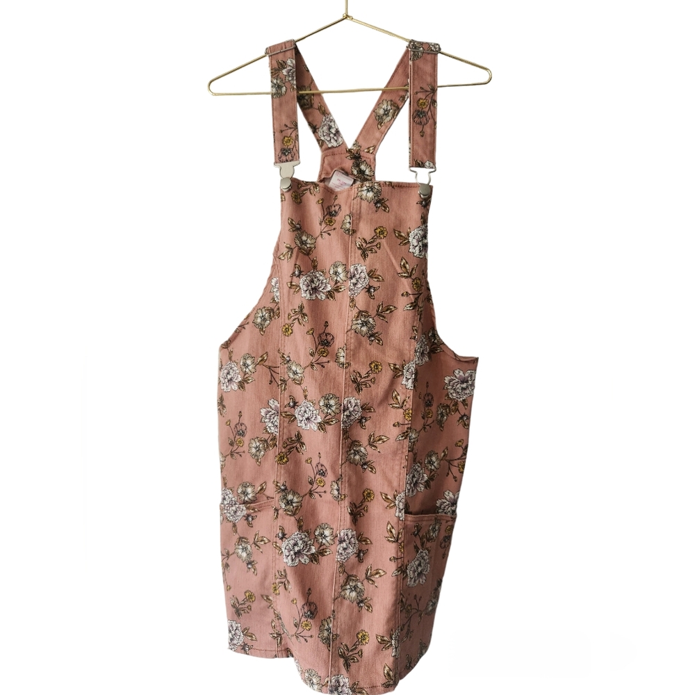 Light Pink Floral Denim Overall Dress, Size XXL